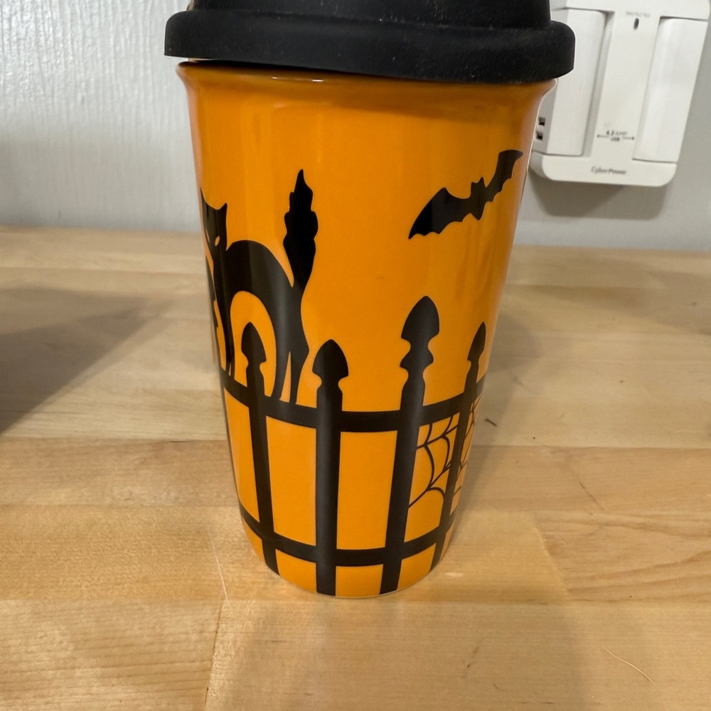 Longaberger Halloween Themed Ceramic Orange Travel Mug - nib
